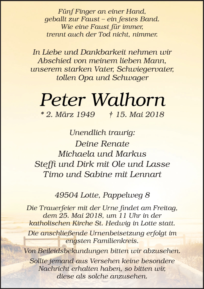  Traueranzeige für Peter Walhorn vom 19.05.2018 aus Neue Osnabrücker Zeitung GmbH & Co. KG
