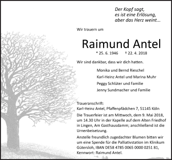 Traueranzeige von Raimund Antel von Neue Osnabrücker Zeitung GmbH & Co. KG