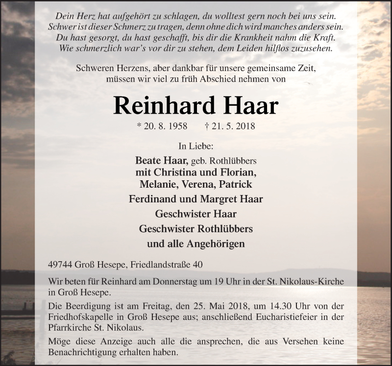  Traueranzeige für Reinhard Haar vom 24.05.2018 aus Neue Osnabrücker Zeitung GmbH & Co. KG