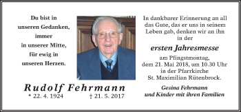 Traueranzeige von Rudolf Fehrmann von Neue Osnabrücker Zeitung GmbH & Co. KG