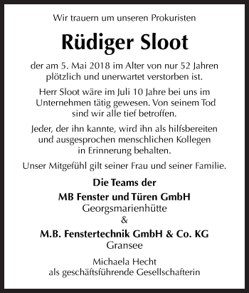 Traueranzeige von Rüdiger Sloot von Neue Osnabrücker Zeitung GmbH & Co. KG