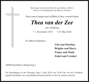 Traueranzeige von Thea van der Zee von Neue Osnabrücker Zeitung GmbH & Co. KG