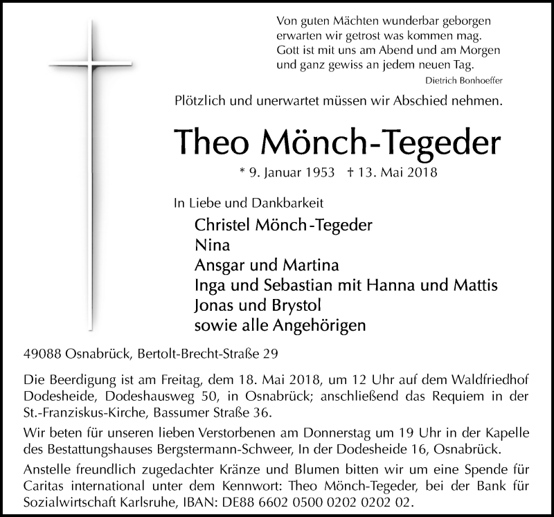  Traueranzeige für Theo Mönch-Tegeder vom 16.05.2018 aus Neue Osnabrücker Zeitung GmbH & Co. KG
