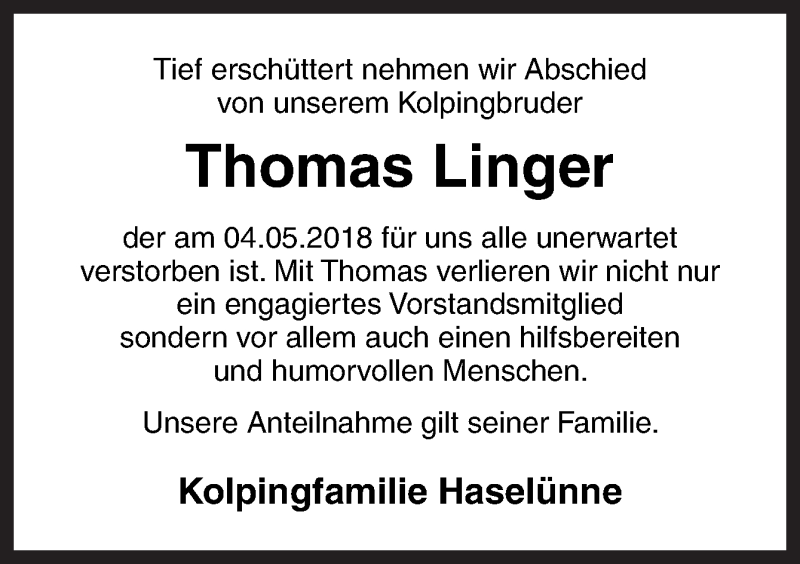 Traueranzeige für Thomas Linger vom 11.05.2018 aus Neue Osnabrücker Zeitung GmbH & Co. KG