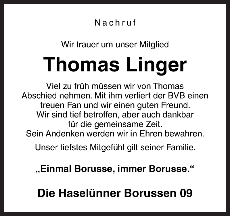  Traueranzeige für Thomas Linger vom 12.05.2018 aus Neue Osnabrücker Zeitung GmbH & Co. KG