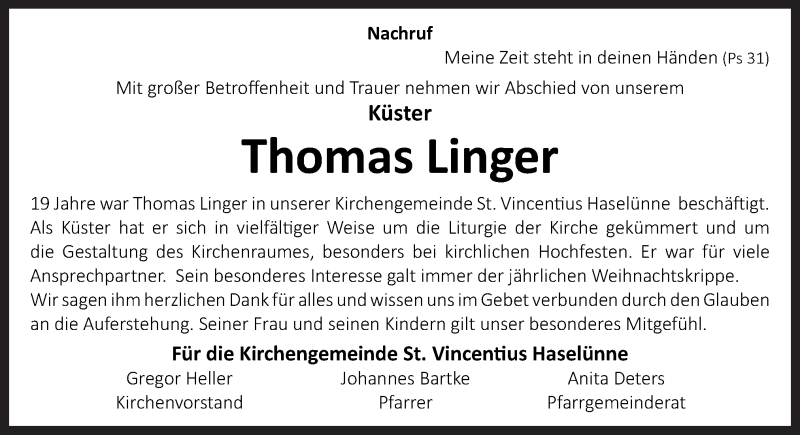  Traueranzeige für Thomas Linger vom 12.05.2018 aus Neue Osnabrücker Zeitung GmbH & Co. KG