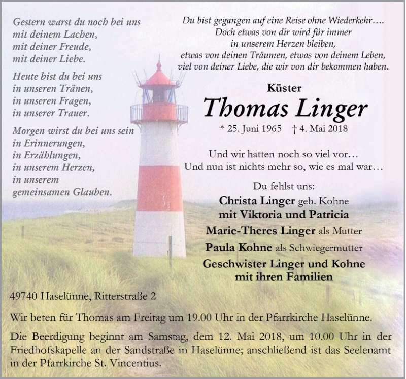  Traueranzeige für Thomas Linger vom 09.05.2018 aus Neue Osnabrücker Zeitung GmbH & Co. KG