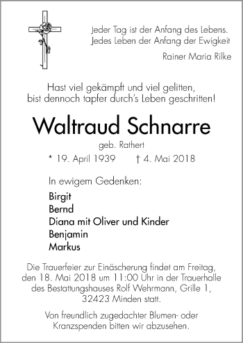 Traueranzeige von Waltraud Schnarre von Neue Osnabrücker Zeitung GmbH & Co. KG