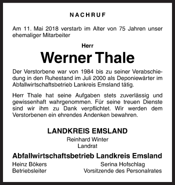 Traueranzeige von Werner Thale von Neue Osnabrücker Zeitung GmbH & Co. KG