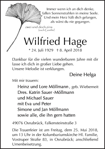 Traueranzeige von Wilfried Hage von Neue Osnabrücker Zeitung GmbH & Co. KG