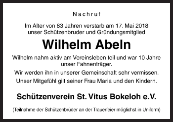 Traueranzeige von Wilhelm Abeln von Neue Osnabrücker Zeitung GmbH & Co. KG