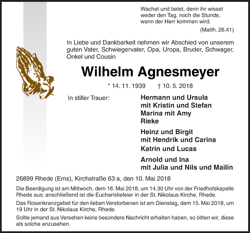  Traueranzeige für Wilhelm Agnesmeyer vom 12.05.2018 aus Neue Osnabrücker Zeitung GmbH & Co. KG