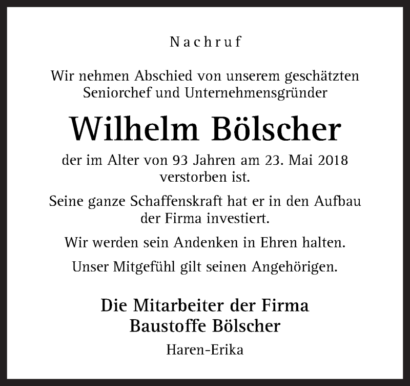  Traueranzeige für Wilhelm Bölscher vom 28.05.2018 aus Neue Osnabrücker Zeitung GmbH & Co. KG