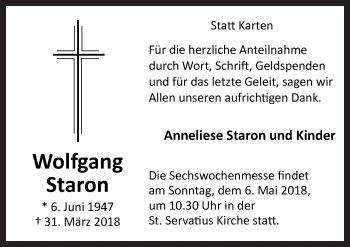 Traueranzeige von Wolfgang Staron von Neue Osnabrücker Zeitung GmbH & Co. KG