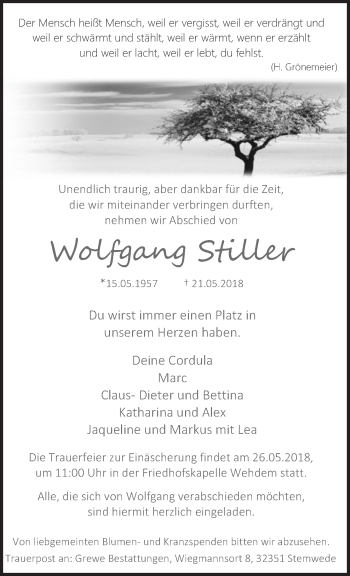 Traueranzeige von Wolfgang Stiller von Neue Osnabrücker Zeitung GmbH & Co. KG