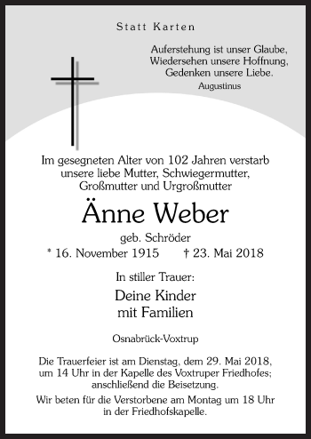 Traueranzeige von Änne Weber von Neue Osnabrücker Zeitung GmbH & Co. KG