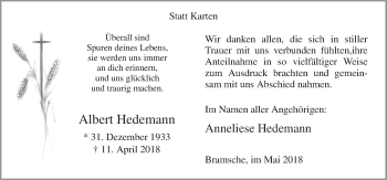 Traueranzeige von Albert Hedemann von Neue Osnabrücker Zeitung GmbH & Co. KG