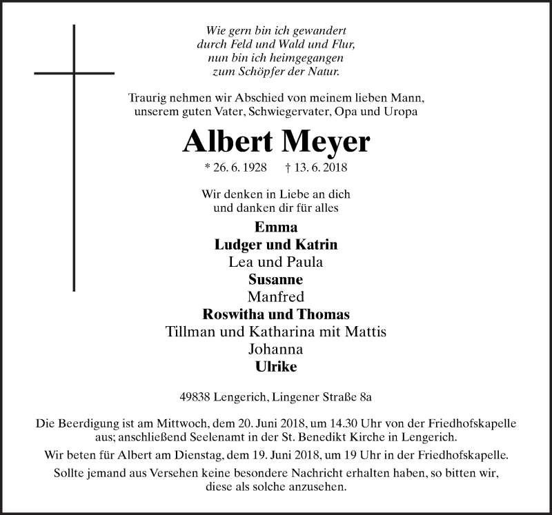 Traueranzeige für Albert Meyer vom 16.06.2018 aus Neue Osnabrücker Zeitung GmbH & Co. KG