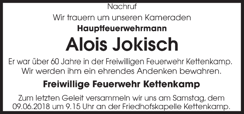  Traueranzeige für Alois Jokisch vom 08.06.2018 aus Neue Osnabrücker Zeitung GmbH & Co. KG