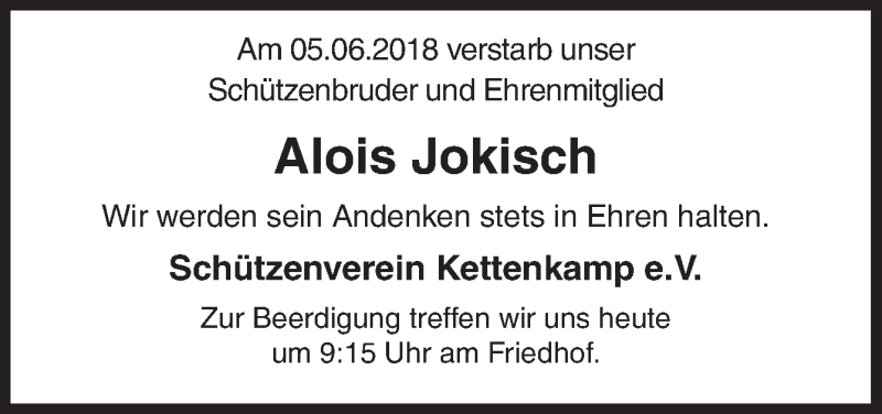  Traueranzeige für Alois Jokisch vom 09.06.2018 aus Neue Osnabrücker Zeitung GmbH & Co. KG