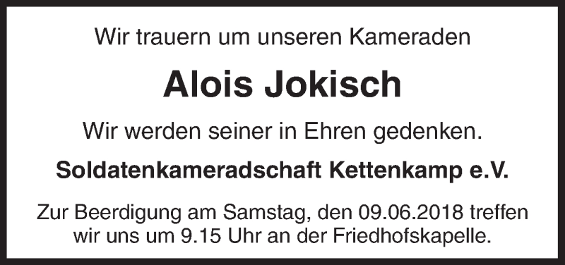  Traueranzeige für Alois Jokisch vom 08.06.2018 aus Neue Osnabrücker Zeitung GmbH & Co. KG