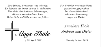 Traueranzeige von Aloys Thöle von Neue Osnabrücker Zeitung GmbH & Co. KG