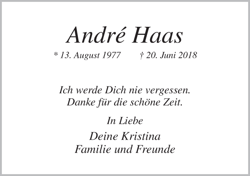  Traueranzeige für André Haas vom 25.06.2018 aus Neue Osnabrücker Zeitung GmbH & Co. KG