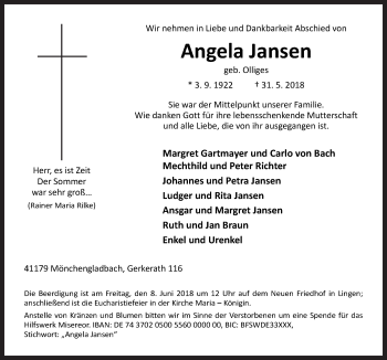 Traueranzeige von Angela Jansen von Neue Osnabrücker Zeitung GmbH & Co. KG