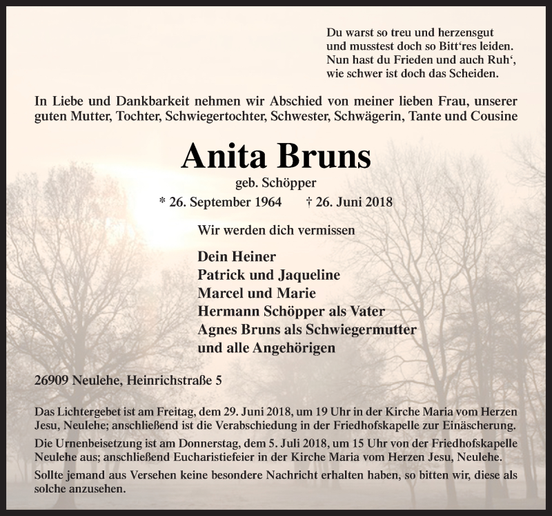  Traueranzeige für Anita Bruns vom 28.06.2018 aus Neue Osnabrücker Zeitung GmbH & Co. KG