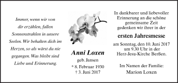 Traueranzeige von Anni Loxen von Neue Osnabrücker Zeitung GmbH & Co. KG