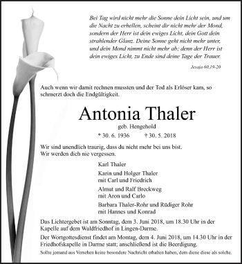 Traueranzeige von Antonia Thaler von Neue Osnabrücker Zeitung GmbH & Co. KG