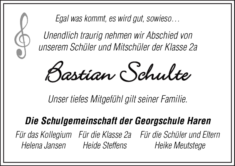  Traueranzeige für Bastian Schulte vom 01.06.2018 aus Neue Osnabrücker Zeitung GmbH & Co. KG