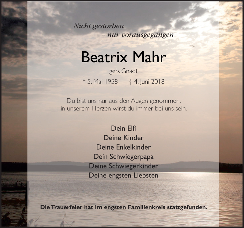  Traueranzeige für Beatrix Mahr vom 23.06.2018 aus Neue Osnabrücker Zeitung GmbH & Co. KG