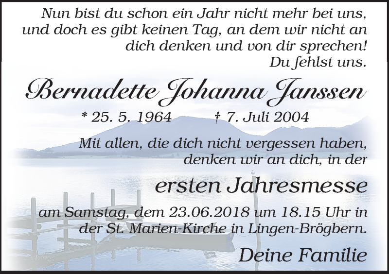  Traueranzeige für Bernadette Johanna Janssen vom 22.06.2018 aus Neue Osnabrücker Zeitung GmbH & Co. KG