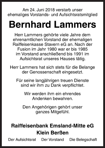 Traueranzeige von Bernhard Lammers von Neue Osnabrücker Zeitung GmbH & Co. KG