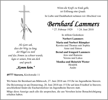 Traueranzeige von Bernhard Lammers von Neue Osnabrücker Zeitung GmbH & Co. KG