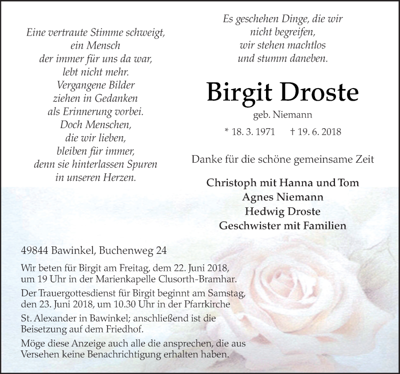  Traueranzeige für Birgit Droste vom 21.06.2018 aus Neue Osnabrücker Zeitung GmbH & Co. KG