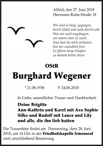 Traueranzeige von Burghard Wegener von Neue Osnabrücker Zeitung GmbH & Co. KG