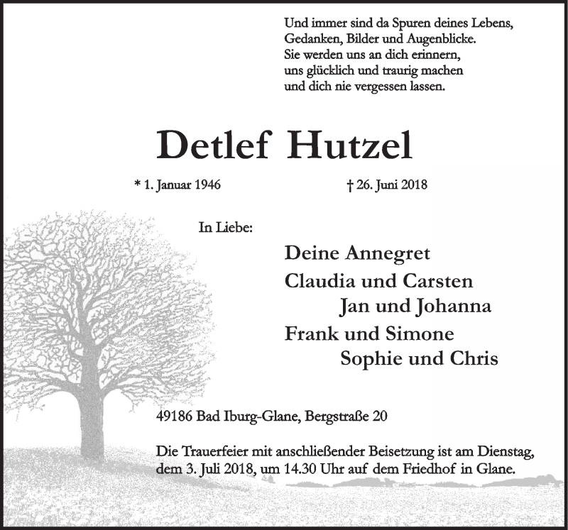  Traueranzeige für Detlef Hutzel vom 29.06.2018 aus Neue Osnabrücker Zeitung GmbH & Co. KG