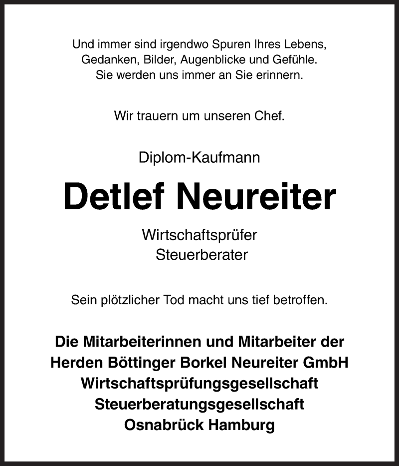  Traueranzeige für Detlef Neureiter vom 13.06.2018 aus Neue Osnabrücker Zeitung GmbH & Co. KG