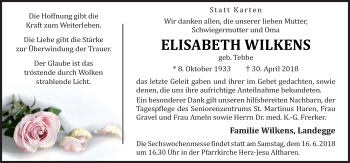 Traueranzeige von Elisabeth Wilkens von Neue Osnabrücker Zeitung GmbH & Co. KG