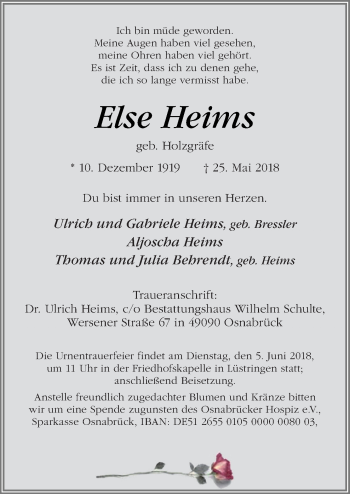 Traueranzeige von Else Heims von Neue Osnabrücker Zeitung GmbH & Co. KG