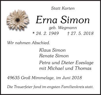 Traueranzeige von Erna Simon von Neue Osnabrücker Zeitung GmbH & Co. KG