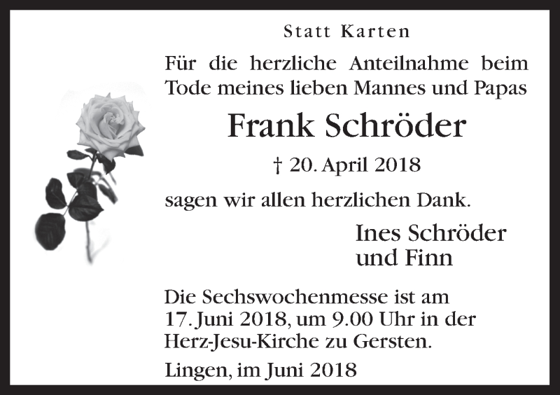  Traueranzeige für Frank Schröder vom 09.06.2018 aus Neue Osnabrücker Zeitung GmbH & Co. KG