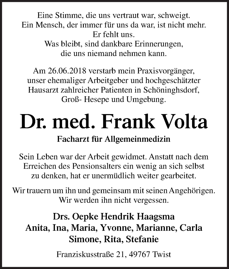  Traueranzeige für Frank Volta vom 29.06.2018 aus Neue Osnabrücker Zeitung GmbH & Co. KG