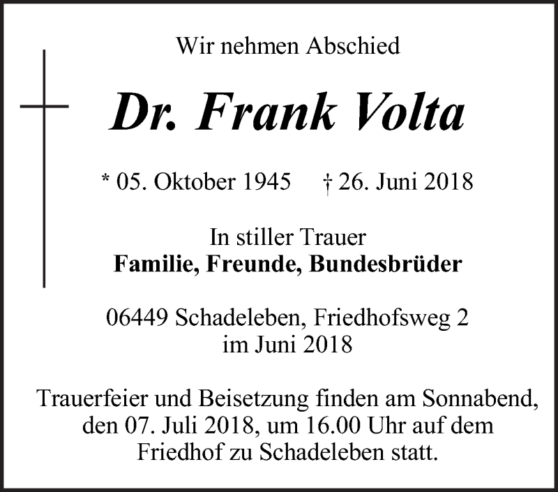  Traueranzeige für Frank Volta vom 30.06.2018 aus Neue Osnabrücker Zeitung GmbH & Co. KG