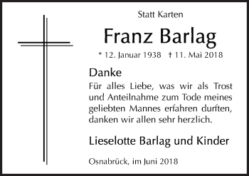 Traueranzeige von Franz Barlag von Neue Osnabrücker Zeitung GmbH & Co. KG