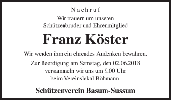 Traueranzeige von Franz Köster von Neue Osnabrücker Zeitung GmbH & Co. KG