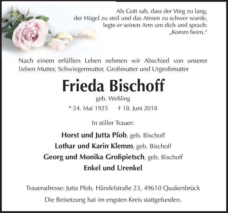  Traueranzeige für Frieda Bischoff vom 29.06.2018 aus Neue Osnabrücker Zeitung GmbH & Co. KG