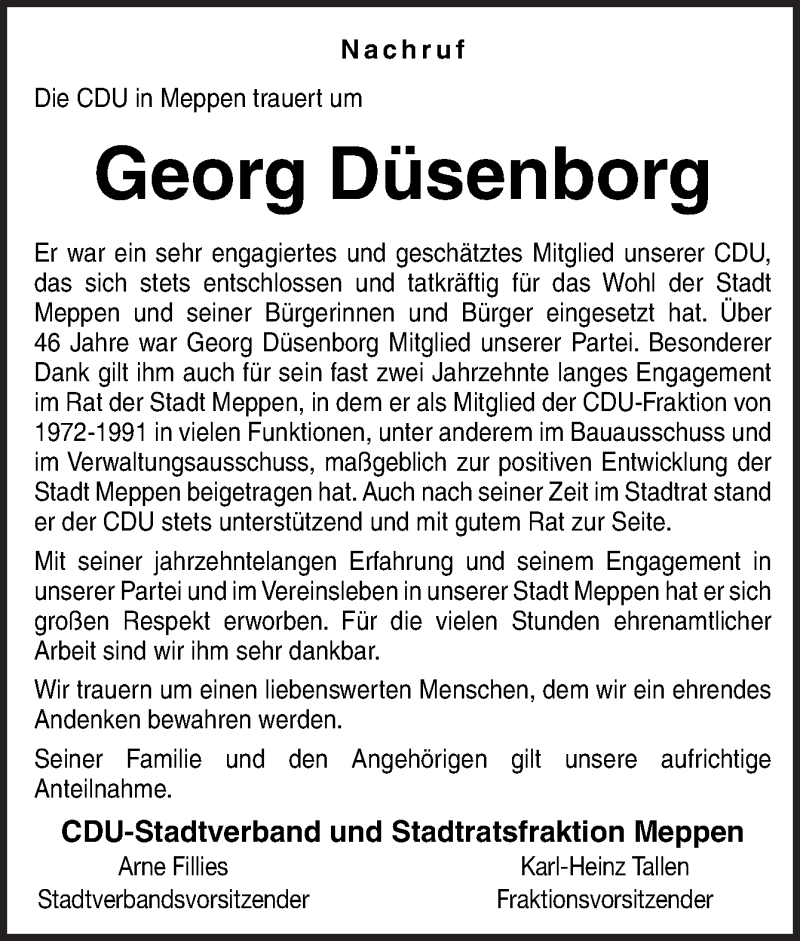  Traueranzeige für Georg Düsenborg vom 05.06.2018 aus Neue Osnabrücker Zeitung GmbH & Co. KG